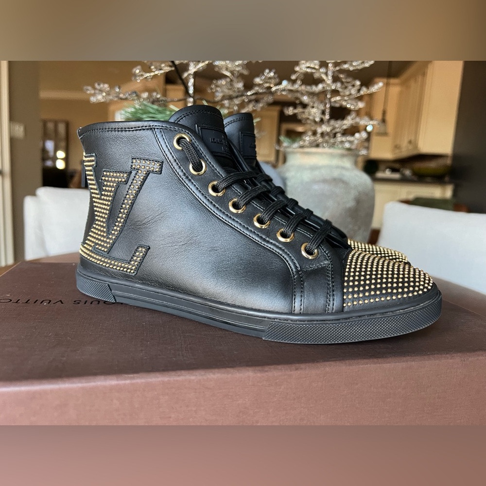 Louis Vuitton Black Leather High-Top Sneakers with Gold Stud Accents